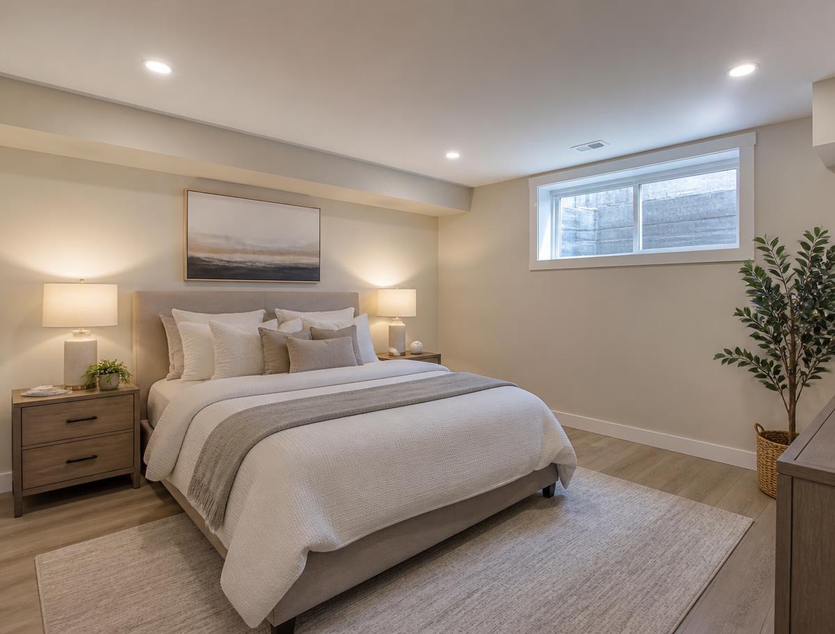 Finished basement bedroom with upholstered headboard, neutral bedding, bedside tables and egress window