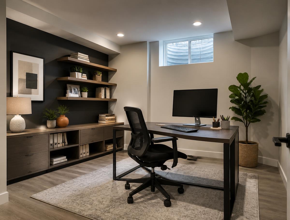 Finished basement home office with desk, ergonomic chair, monitor and floating shelving