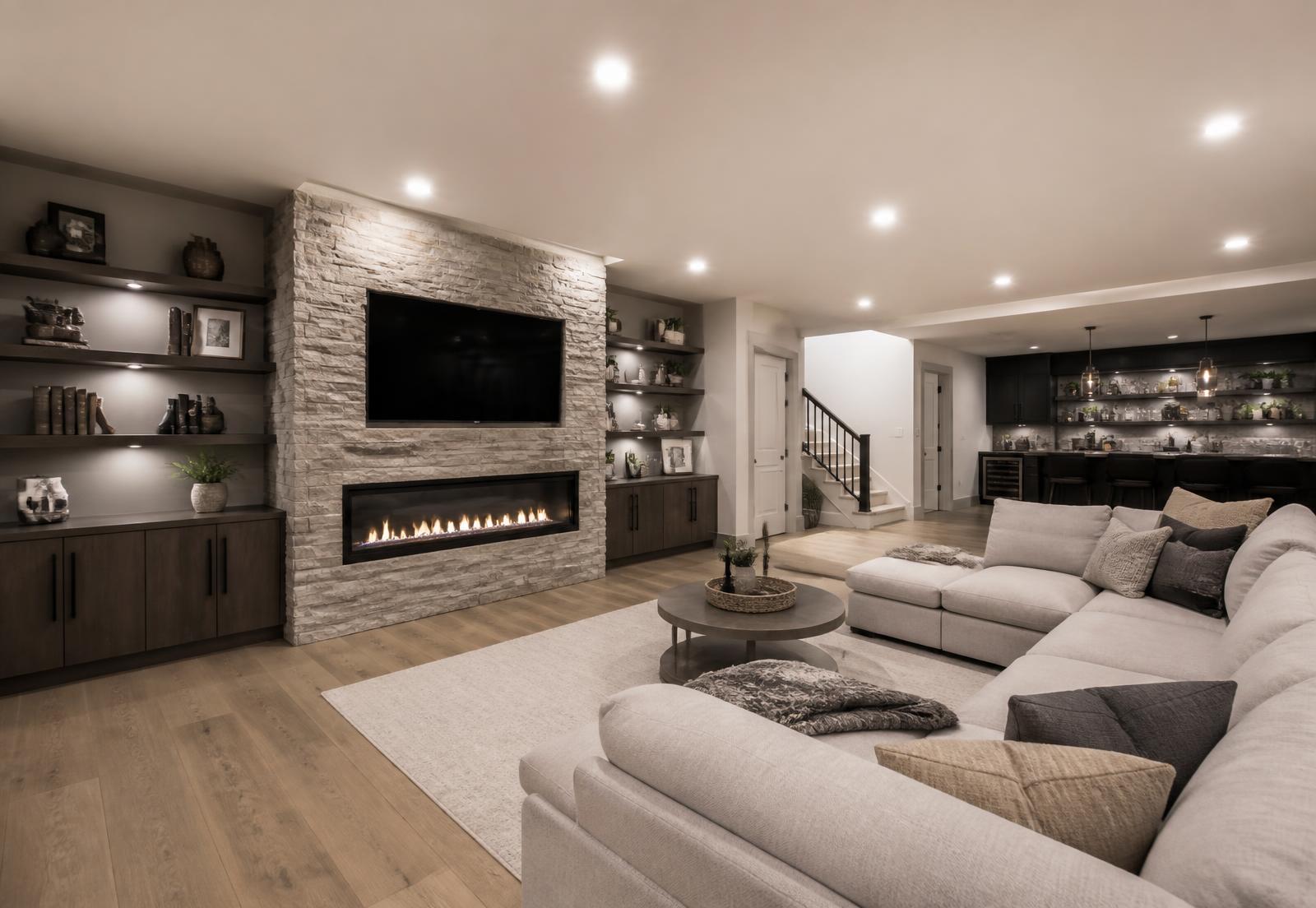 Finished basement family room with stone fireplace and warm lighting in a Durham Region home